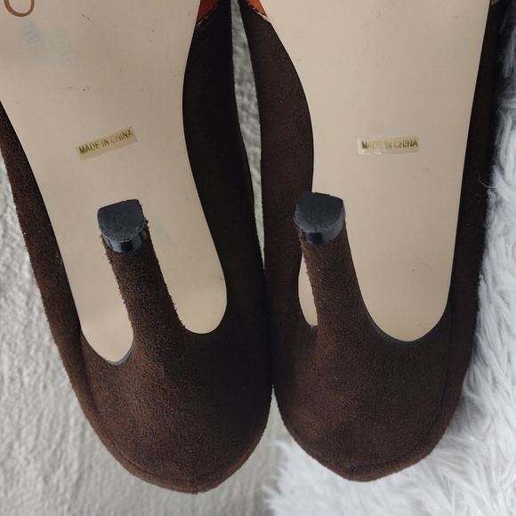 Anne Michelle Flare Brown Multicolored Faux Suede Almond Peep Toe Stiletto Heel - Picture 9 of 16